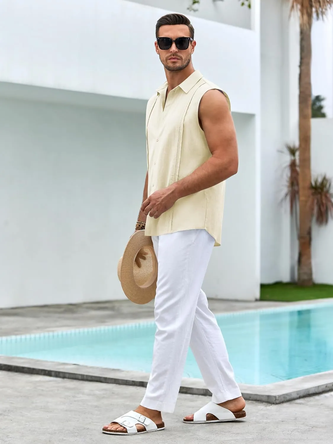 Hestenve Men's Cuban Guayabera Linen Shirts Sleeveless Button Up Shirt Casual Summer Beach Tops