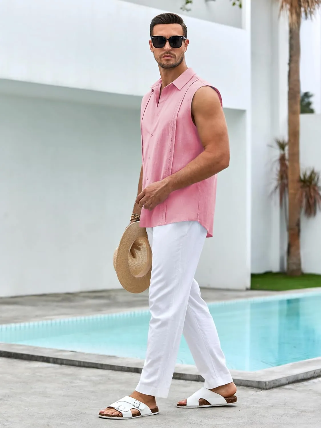 Hestenve Men's Cuban Guayabera Linen Shirts Sleeveless Button Up Shirt Casual Summer Beach Tops