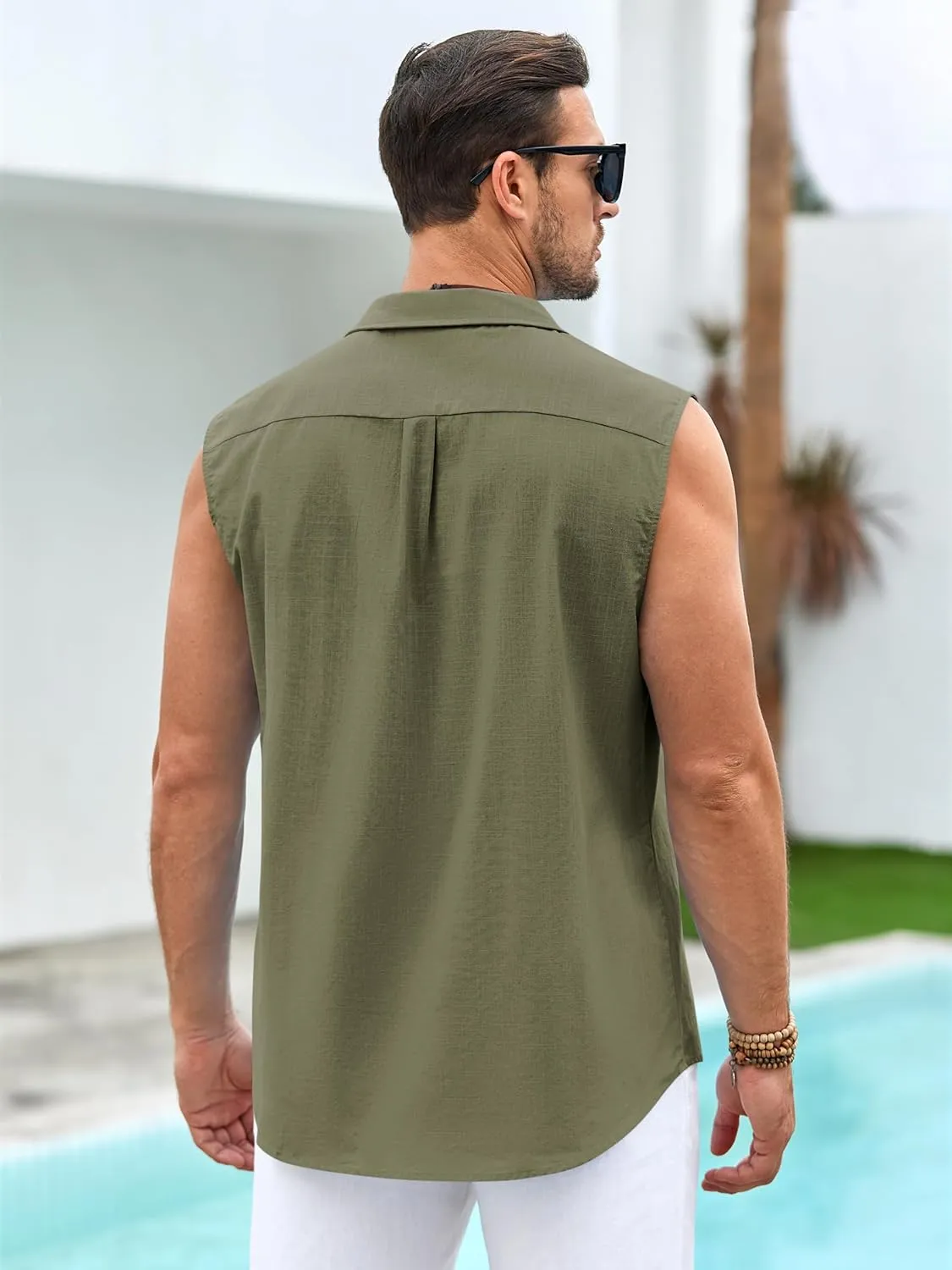 Hestenve Men's Cuban Guayabera Linen Shirts Sleeveless Button Up Shirt Casual Summer Beach Tops