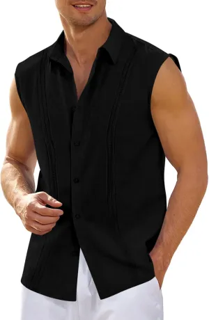 Hestenve Men's Cuban Guayabera Linen Shirts Sleeveless Button Up Shirt Casual Summer Beach Tops