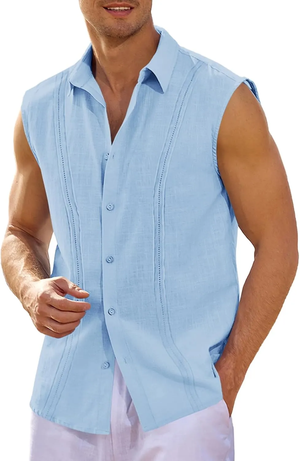 Hestenve Men's Cuban Guayabera Linen Shirts Sleeveless Button Up Shirt Casual Summer Beach Tops