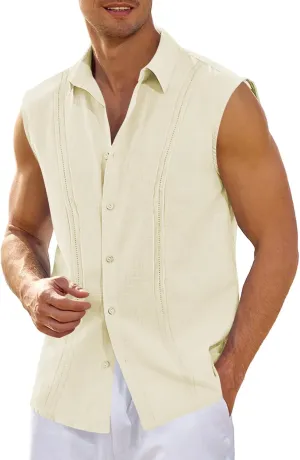 Hestenve Men's Cuban Guayabera Linen Shirts Sleeveless Button Up Shirt Casual Summer Beach Tops