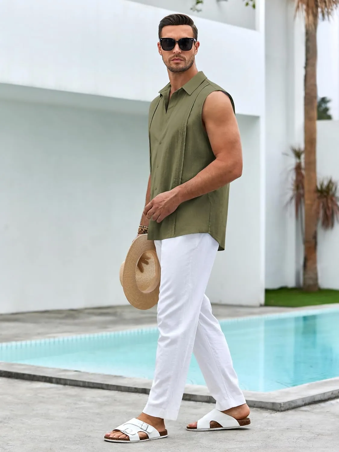 Hestenve Men's Cuban Guayabera Linen Shirts Sleeveless Button Up Shirt Casual Summer Beach Tops