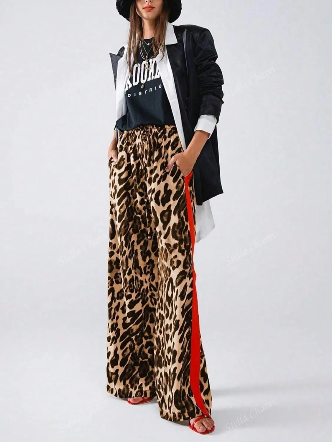 High Waisted Leopard Print Wide Leg Trousers for Women Cusual Comfortable with Elastic Waistband