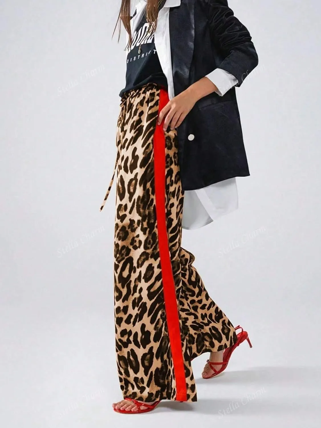 High Waisted Leopard Print Wide Leg Trousers for Women Cusual Comfortable with Elastic Waistband