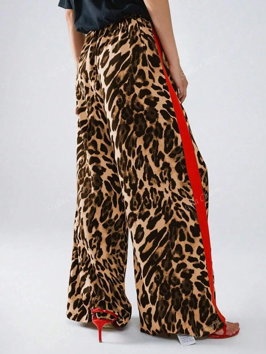 High Waisted Leopard Print Wide Leg Trousers for Women Cusual Comfortable with Elastic Waistband