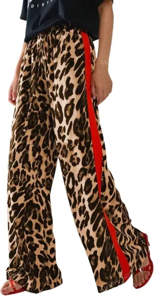 High Waisted Leopard Print Wide Leg Trousers for Women Cusual Comfortable with Elastic Waistband