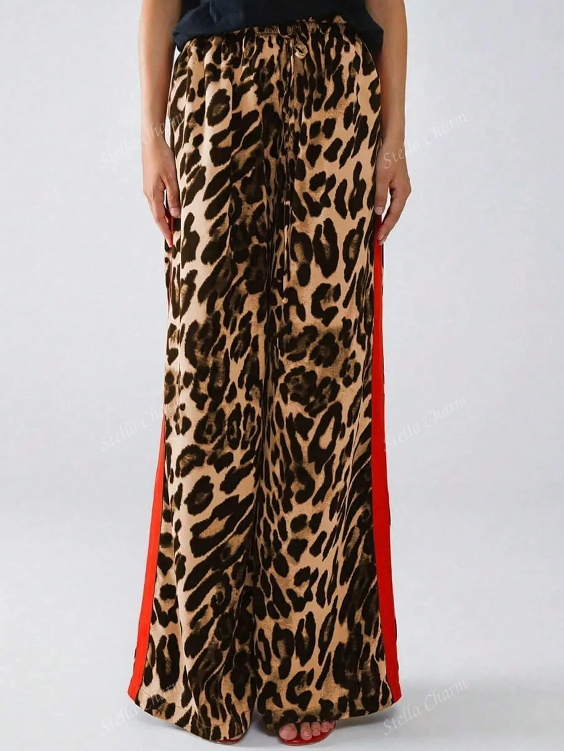 High Waisted Leopard Print Wide Leg Trousers for Women Cusual Comfortable with Elastic Waistband