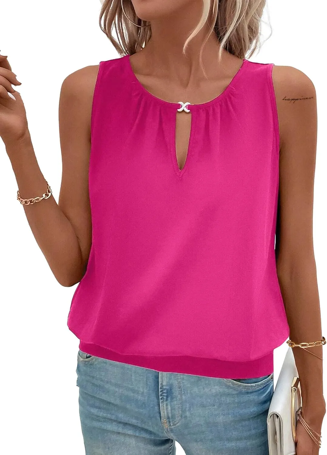 Hilinker Womens V Neck Ombre Tank Top Summer Casual Basic Loose Sleeveless T Shirt