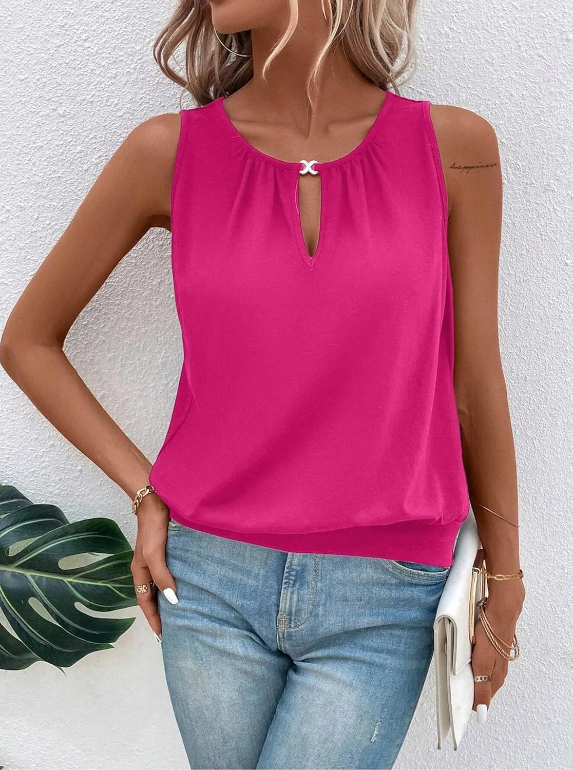 Hilinker Womens V Neck Ombre Tank Top Summer Casual Basic Loose Sleeveless T Shirt