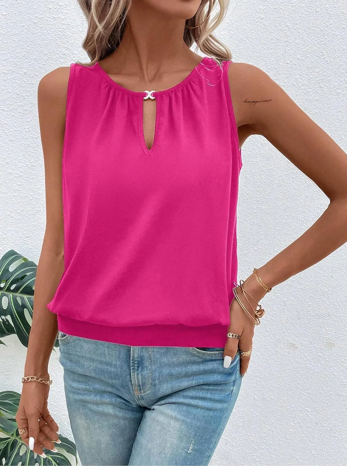 Hilinker Womens V Neck Ombre Tank Top Summer Casual Basic Loose Sleeveless T Shirt