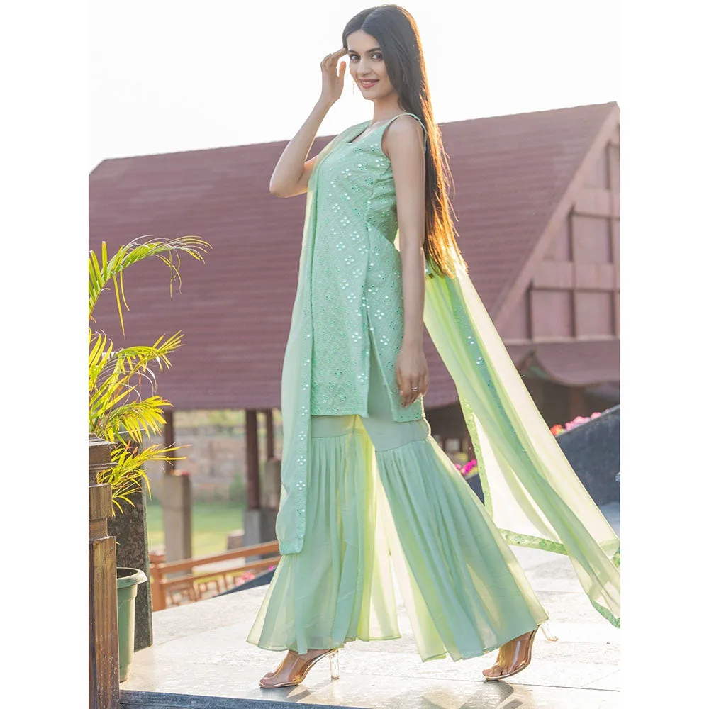 HOUSE OF JAMOTI Pastel Green Mirror Work Sharara (Set of 3)