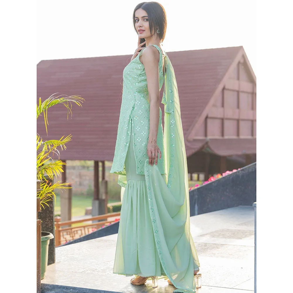 HOUSE OF JAMOTI Pastel Green Mirror Work Sharara (Set of 3)