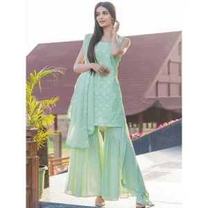 HOUSE OF JAMOTI Pastel Green Mirror Work Sharara (Set of 3)