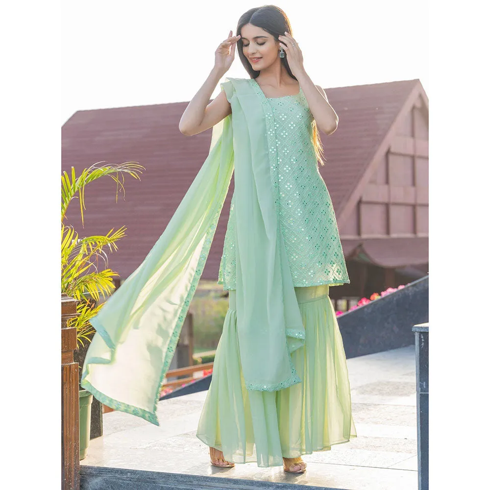 HOUSE OF JAMOTI Pastel Green Mirror Work Sharara (Set of 3)