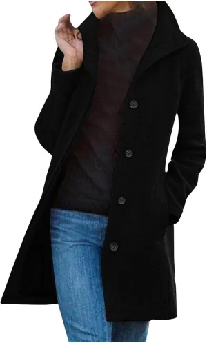 Hvyesh Womens Wool Trench Pea Coats 2024 Winter Jackets Trendy Notch Lapel Double Breasted Mid Long Warm Jacket Overcoat