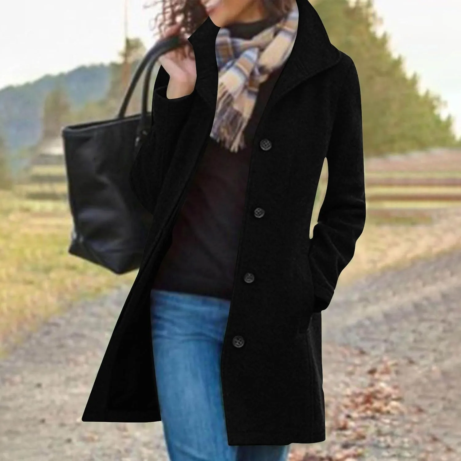 Hvyesh Womens Wool Trench Pea Coats 2024 Winter Jackets Trendy Notch Lapel Double Breasted Mid Long Warm Jacket Overcoat
