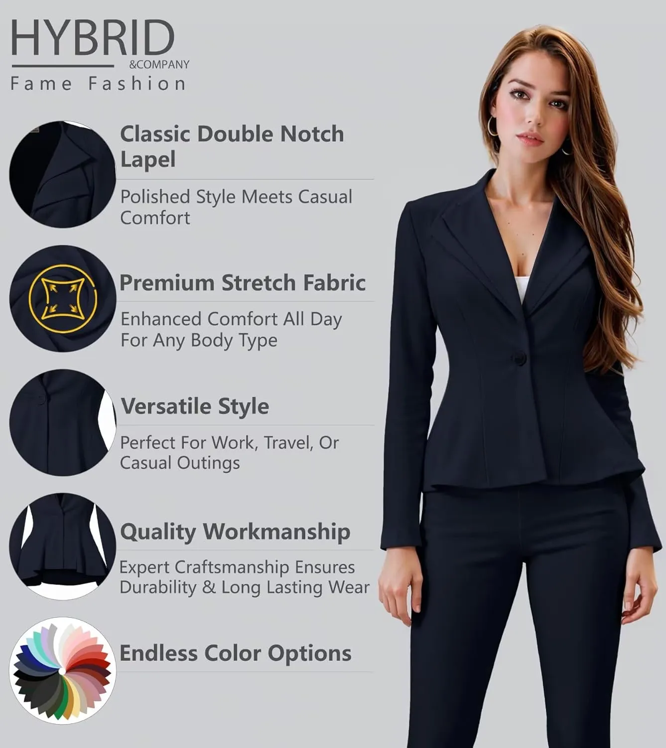 Hybrid & Company Women's Casual Work Office Dressy Double Lapel Single Button Peplum Comfortable Blazer