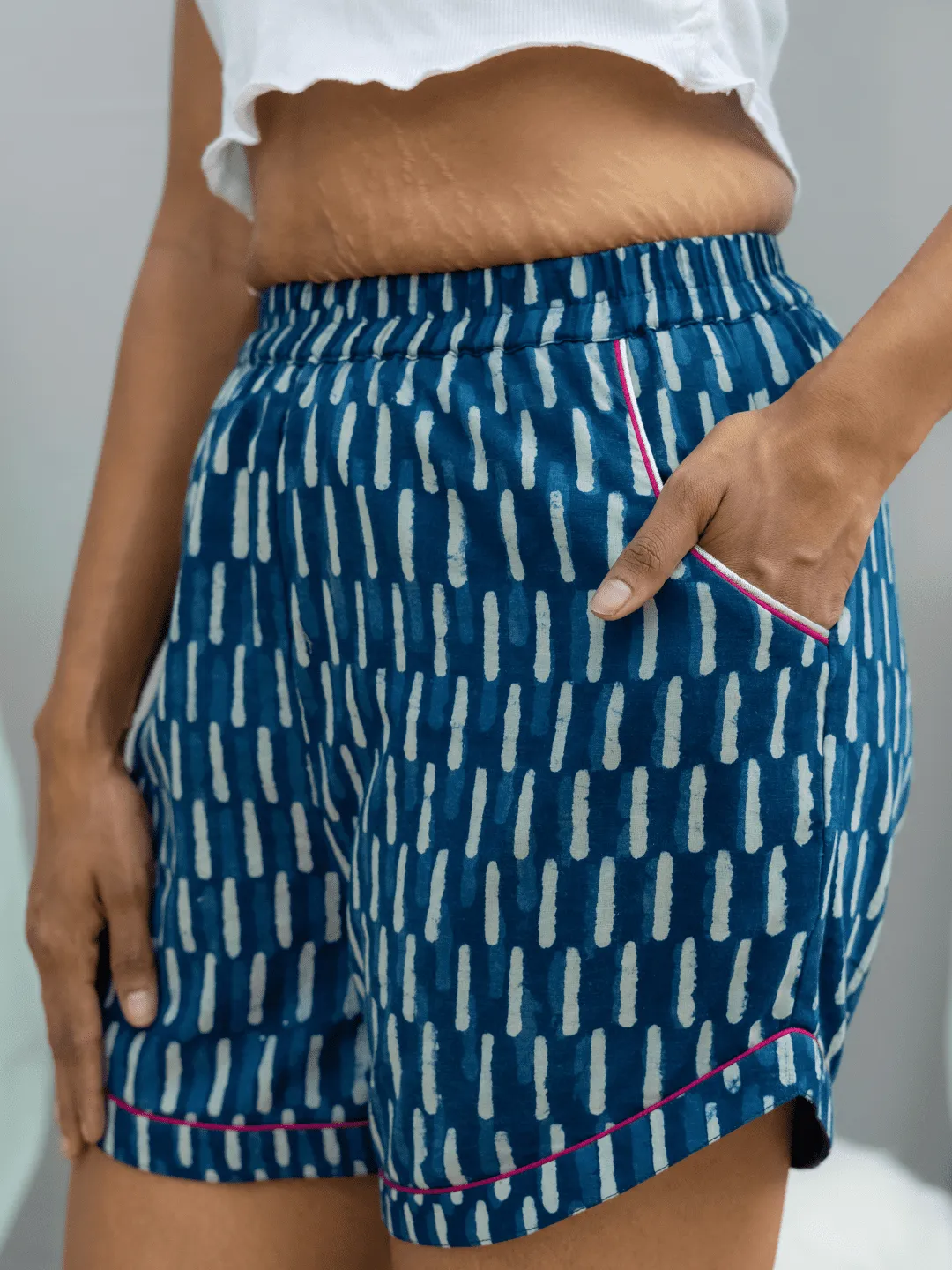 Indigo Dabu Shorts with Fuchsia Piping