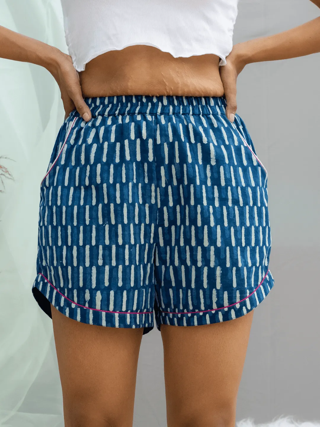 Indigo Dabu Shorts with Fuchsia Piping