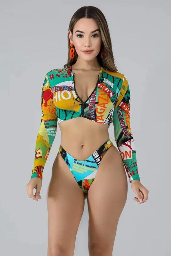 Irregular Printed Zipper Swimsuit Long Sleeved Top Split UPF50  Rash Guard