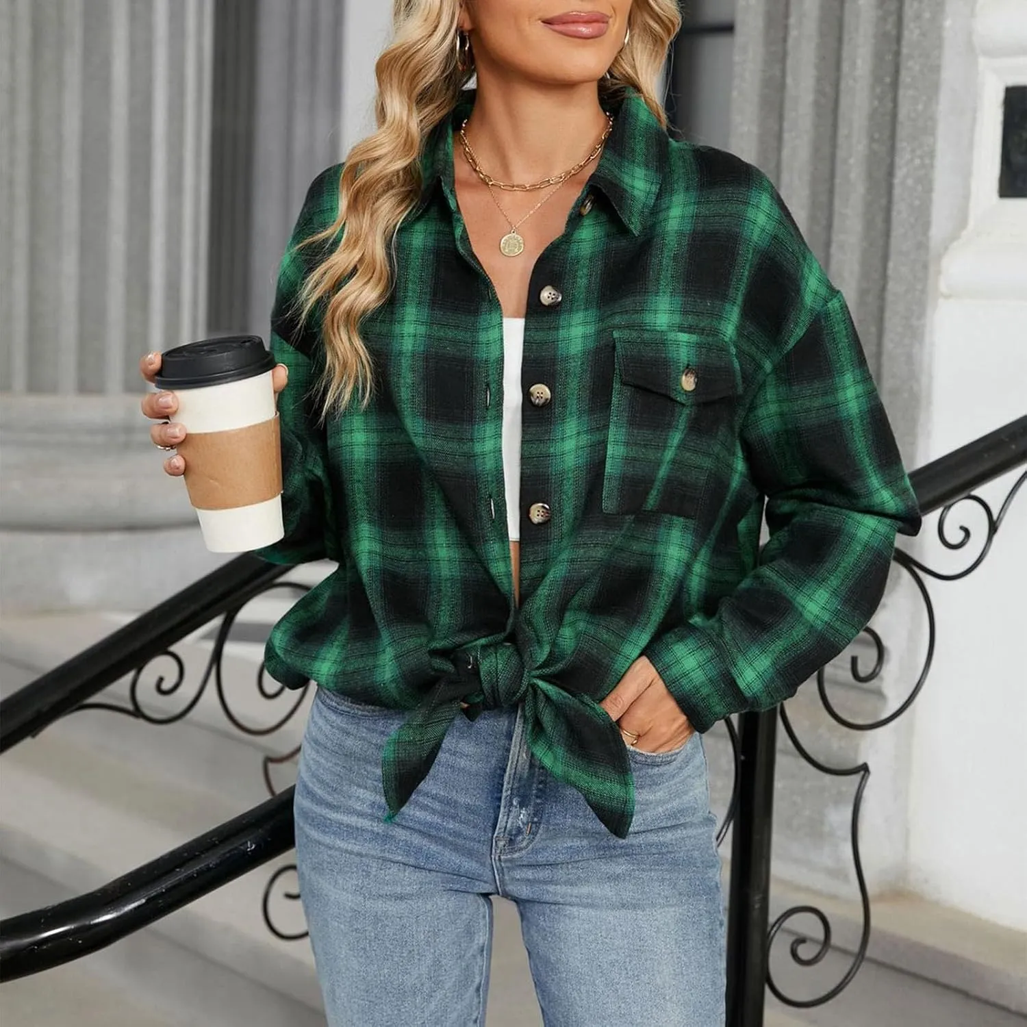 Jackets for Women Plaid Shacket Flannel Shirt Women Fashion Casual Plaid Shackets Button Down Long Sleeve Shirts