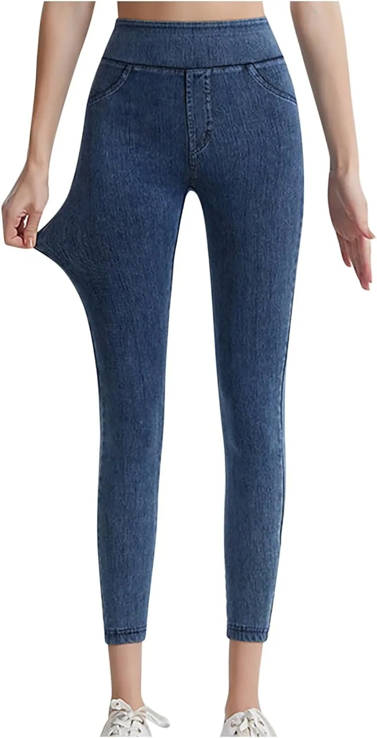 Jean Leggings Jeggings for Women Elastic High Waist Slim Fit Tummy Control Skinny Stretchy Imitation Denim Pants