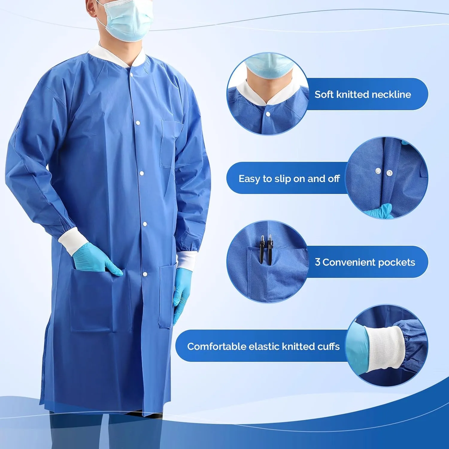 JMU 10-50 Pack Disposable Lab Coats for Adult, SMS Medical Lab Jacket Knee Length with Knit Cuff & Collar, 3 Pockets