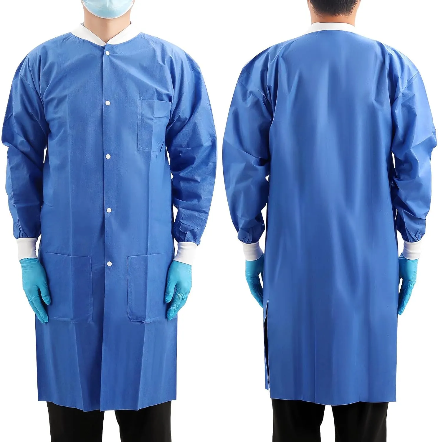 JMU 10-50 Pack Disposable Lab Coats for Adult, SMS Medical Lab Jacket Knee Length with Knit Cuff & Collar, 3 Pockets