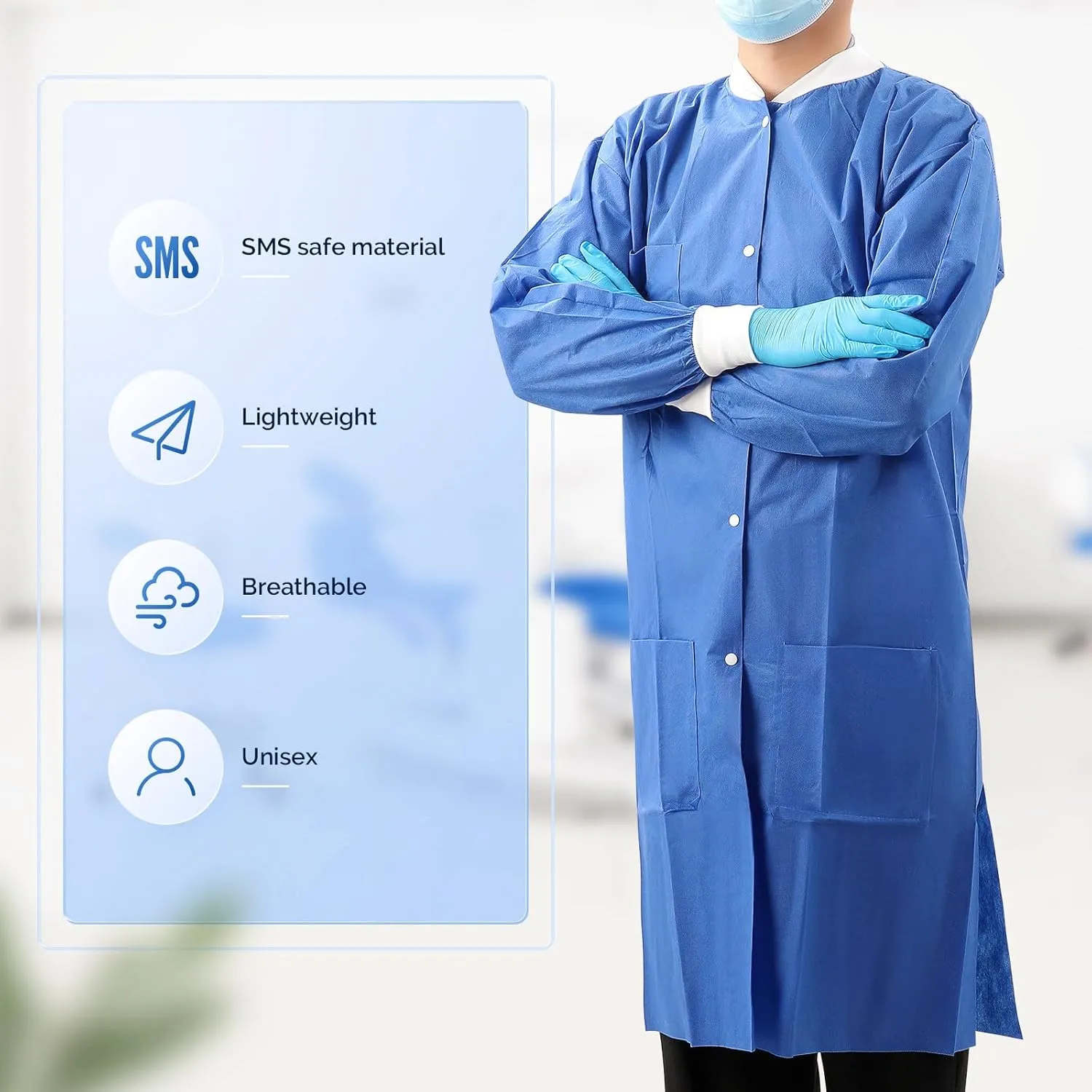 JMU 10-50 Pack Disposable Lab Coats for Adult, SMS Medical Lab Jacket Knee Length with Knit Cuff & Collar, 3 Pockets