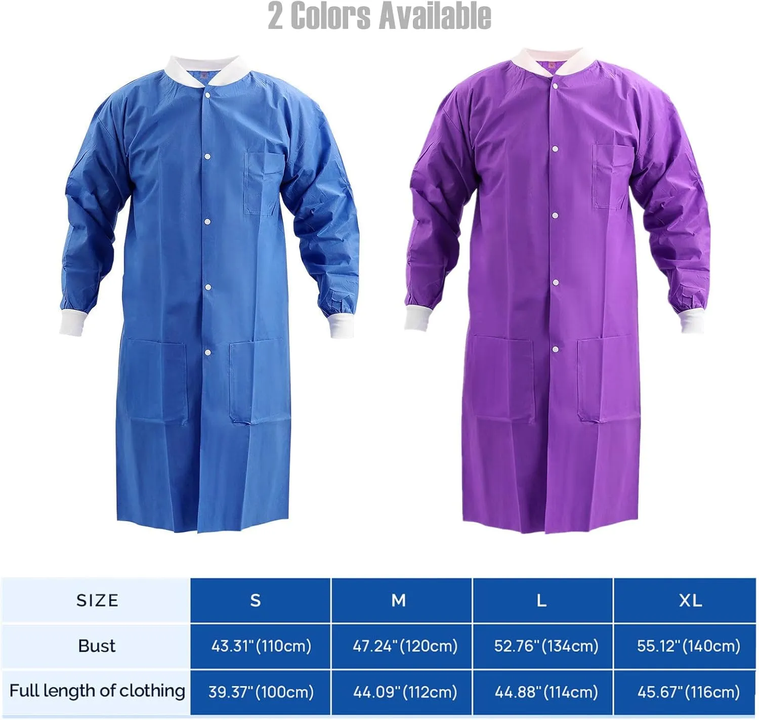 JMU 10-50 Pack Disposable Lab Coats for Adult, SMS Medical Lab Jacket Knee Length with Knit Cuff & Collar, 3 Pockets