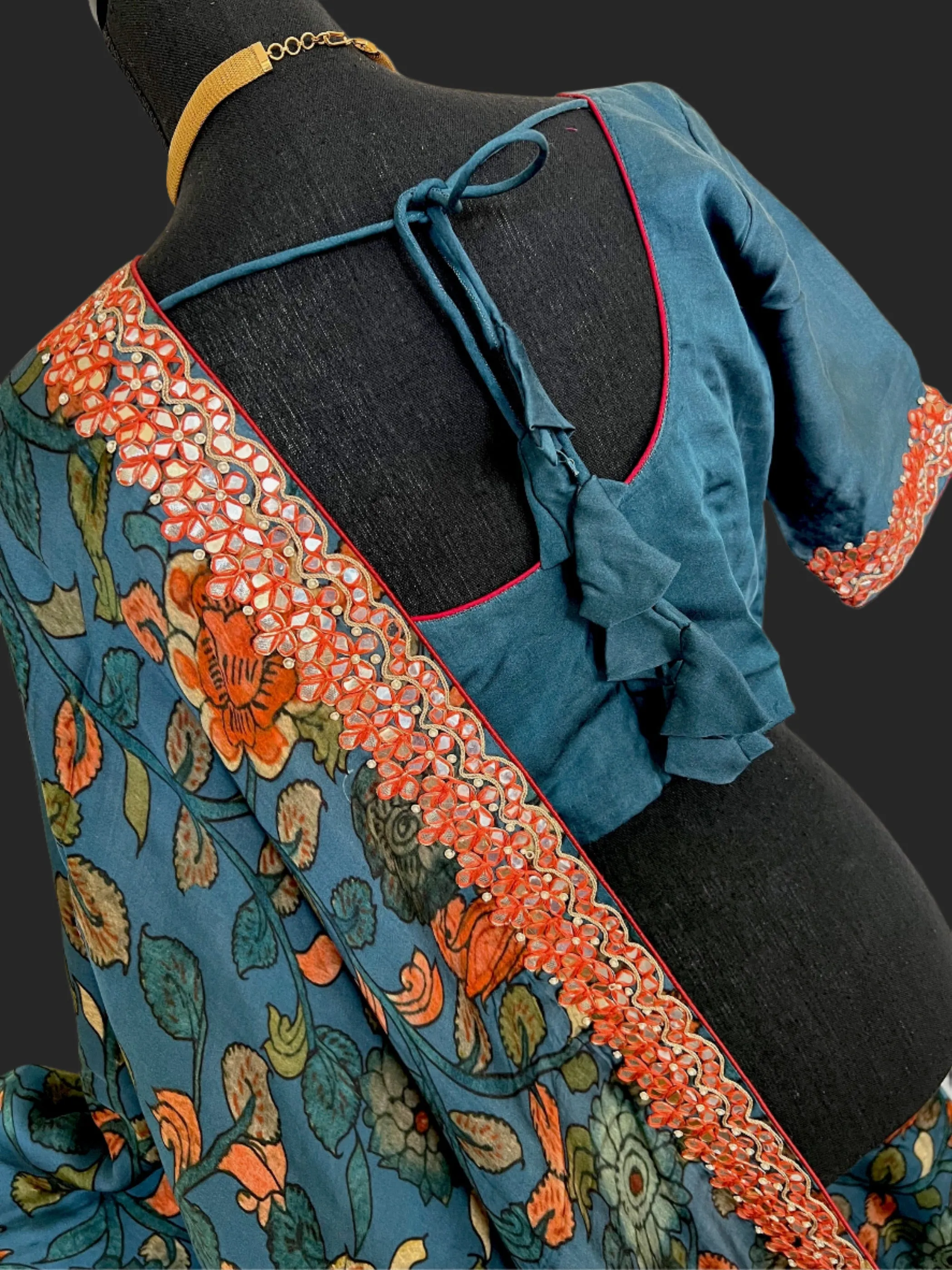 Kalamkari Satin crepe silk saree with stitched  blouse