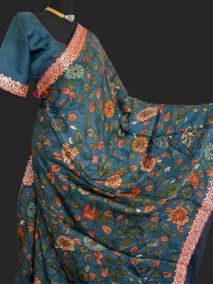Kalamkari Satin crepe silk saree with stitched  blouse