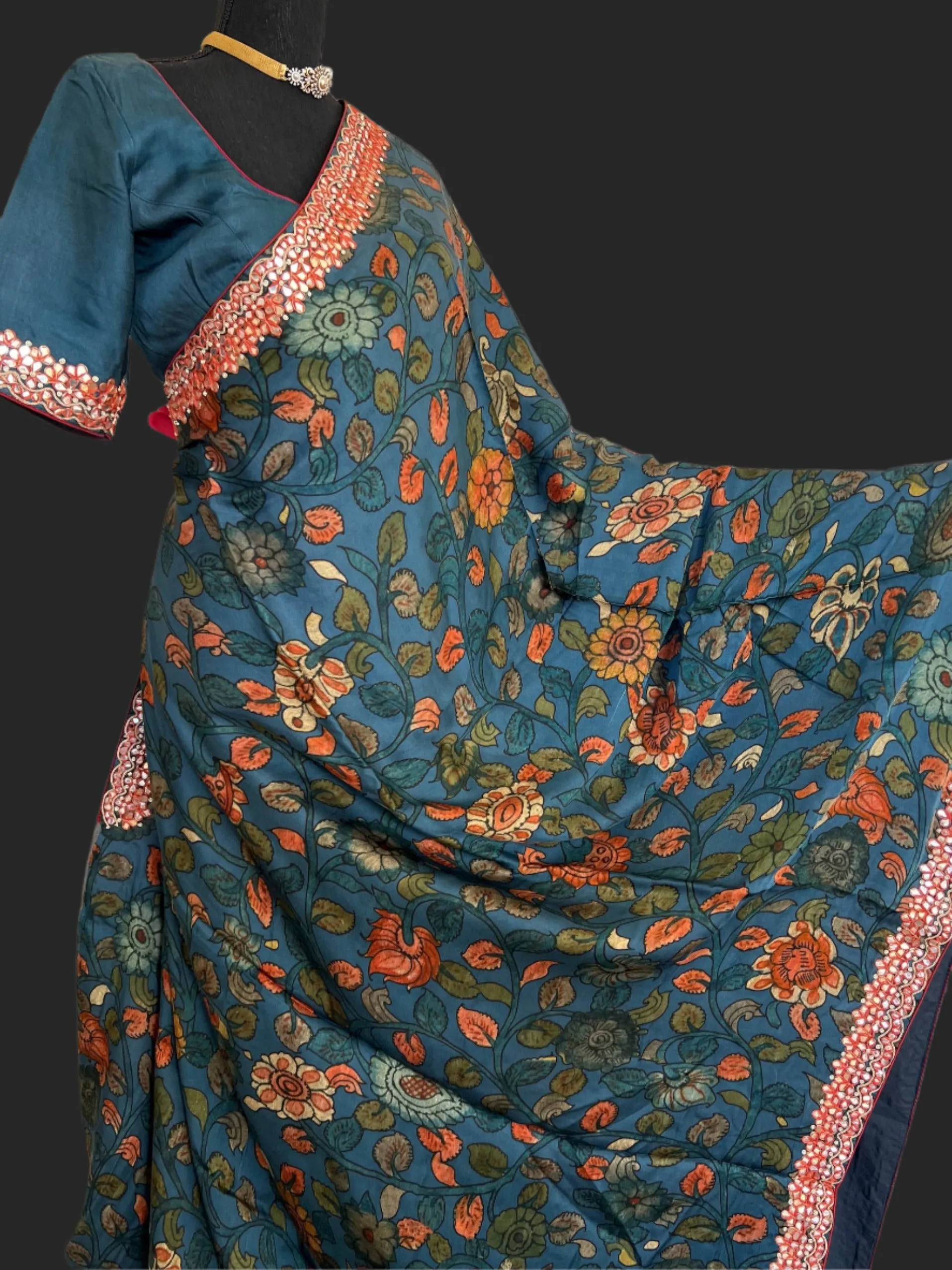Kalamkari Satin crepe silk saree with stitched  blouse