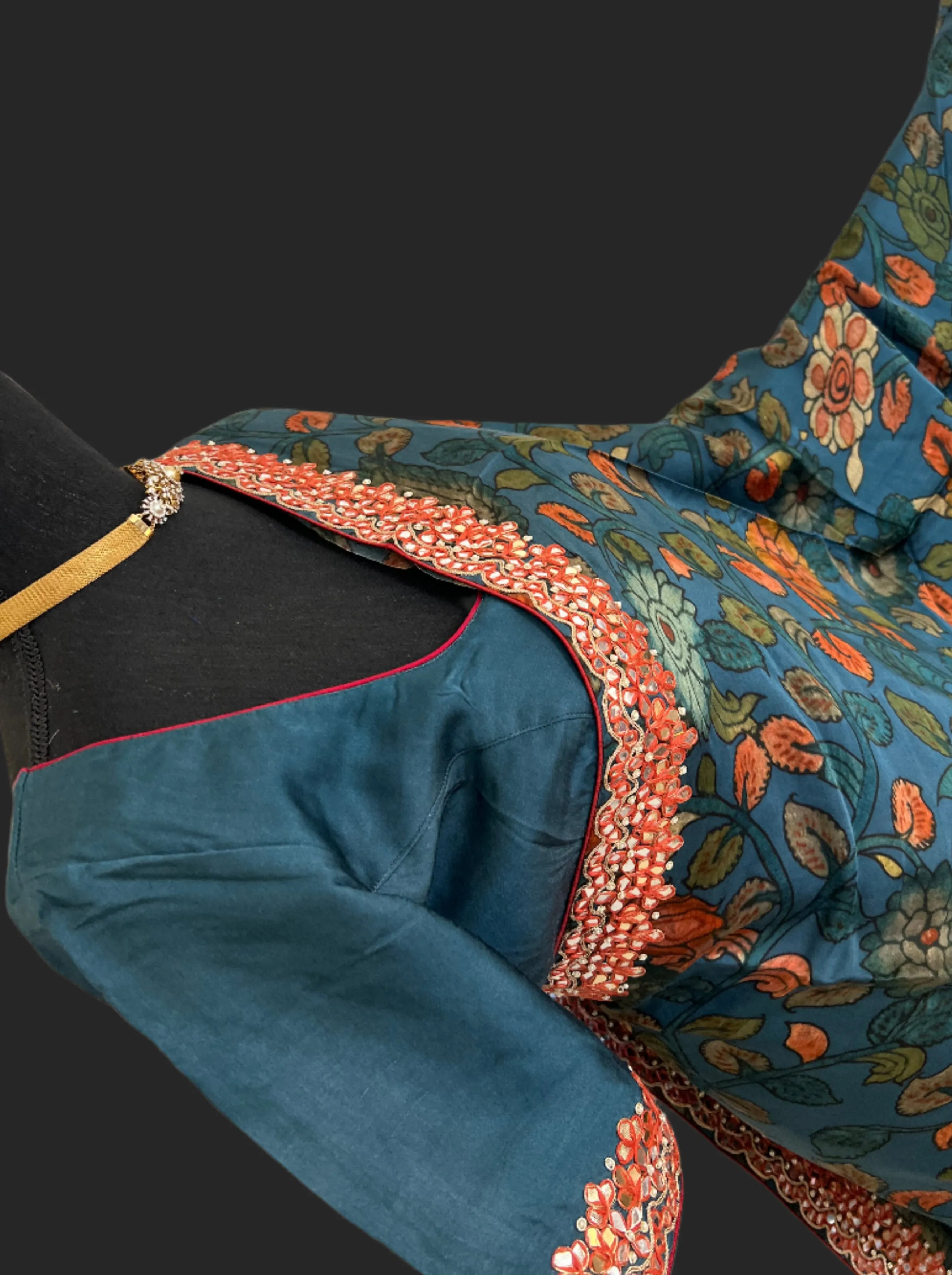 Kalamkari Satin crepe silk saree with stitched  blouse