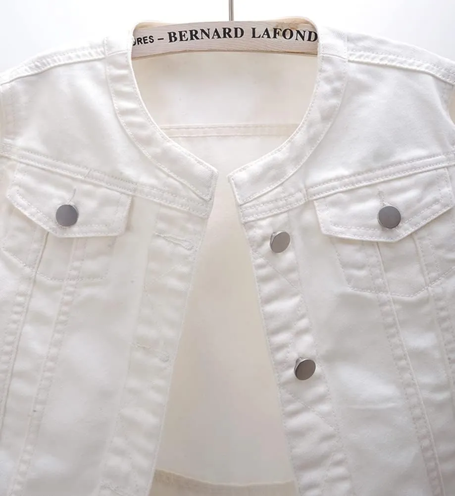 Kedera Women Denim Jacket Button Down Collarless 3/4 Sleeve Cropped Jean Jacket