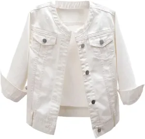Kedera Women Denim Jacket Button Down Collarless 3/4 Sleeve Cropped Jean Jacket