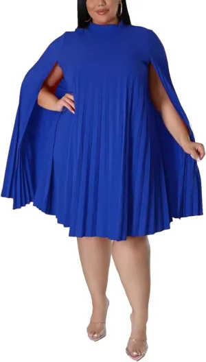 KEYUFANG Womens Plus Size Cape Sleeve Elegant Loose Pleated Short Dress for Cocktail Party