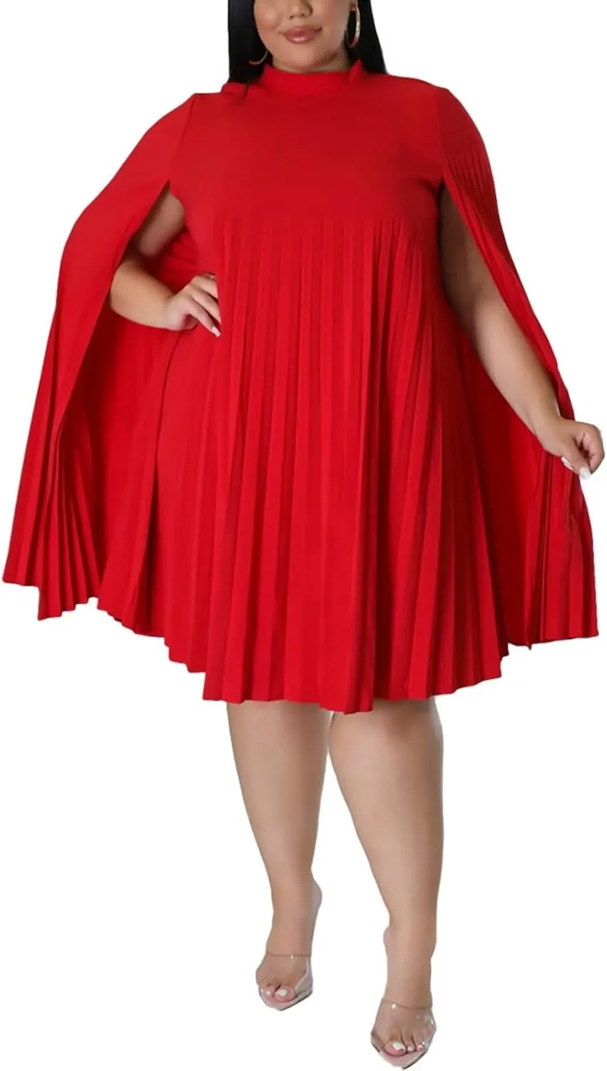 KEYUFANG Womens Plus Size Cape Sleeve Elegant Loose Pleated Short Dress for Cocktail Party