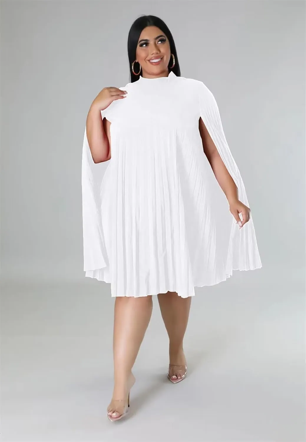 KEYUFANG Womens Plus Size Cape Sleeve Elegant Loose Pleated Short Dress for Cocktail Party