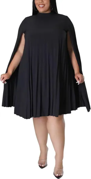 KEYUFANG Womens Plus Size Cape Sleeve Elegant Loose Pleated Short Dress for Cocktail Party