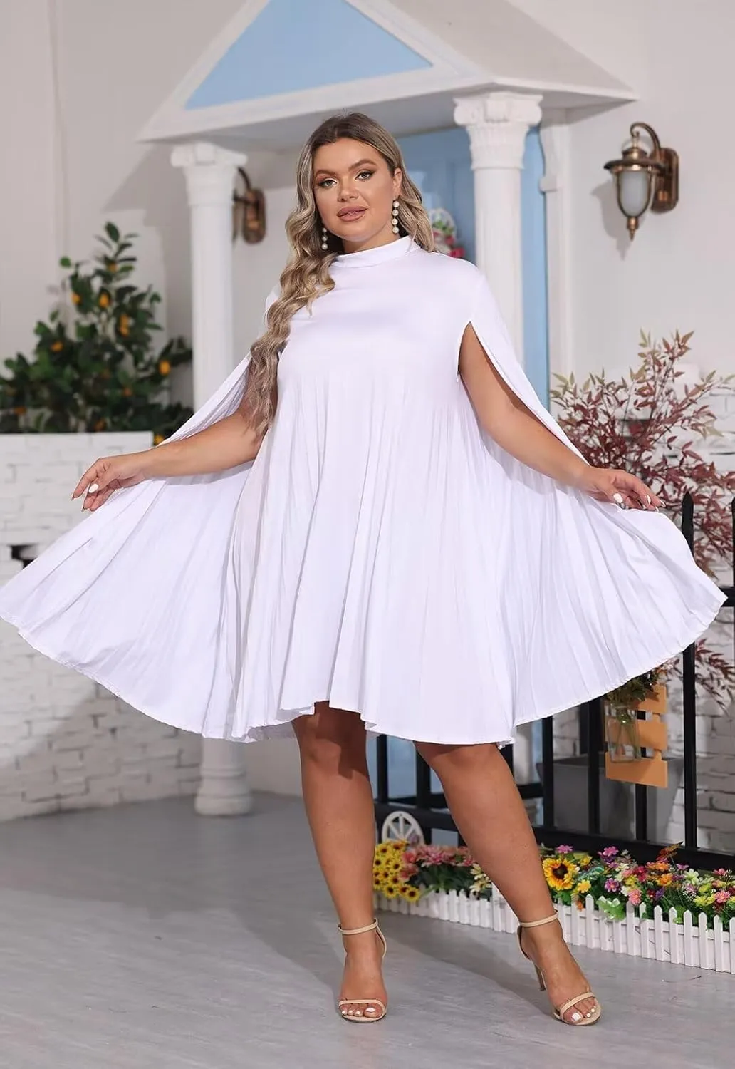 KEYUFANG Womens Plus Size Cape Sleeve Elegant Loose Pleated Short Dress for Cocktail Party