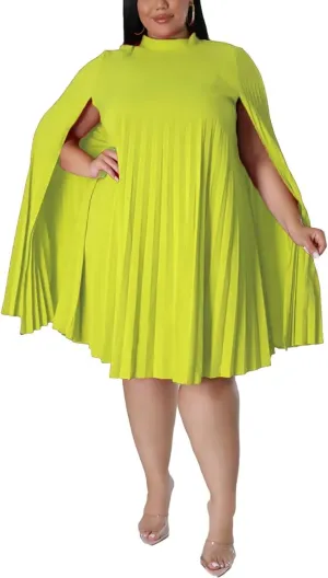 KEYUFANG Womens Plus Size Cape Sleeve Elegant Loose Pleated Short Dress for Cocktail Party