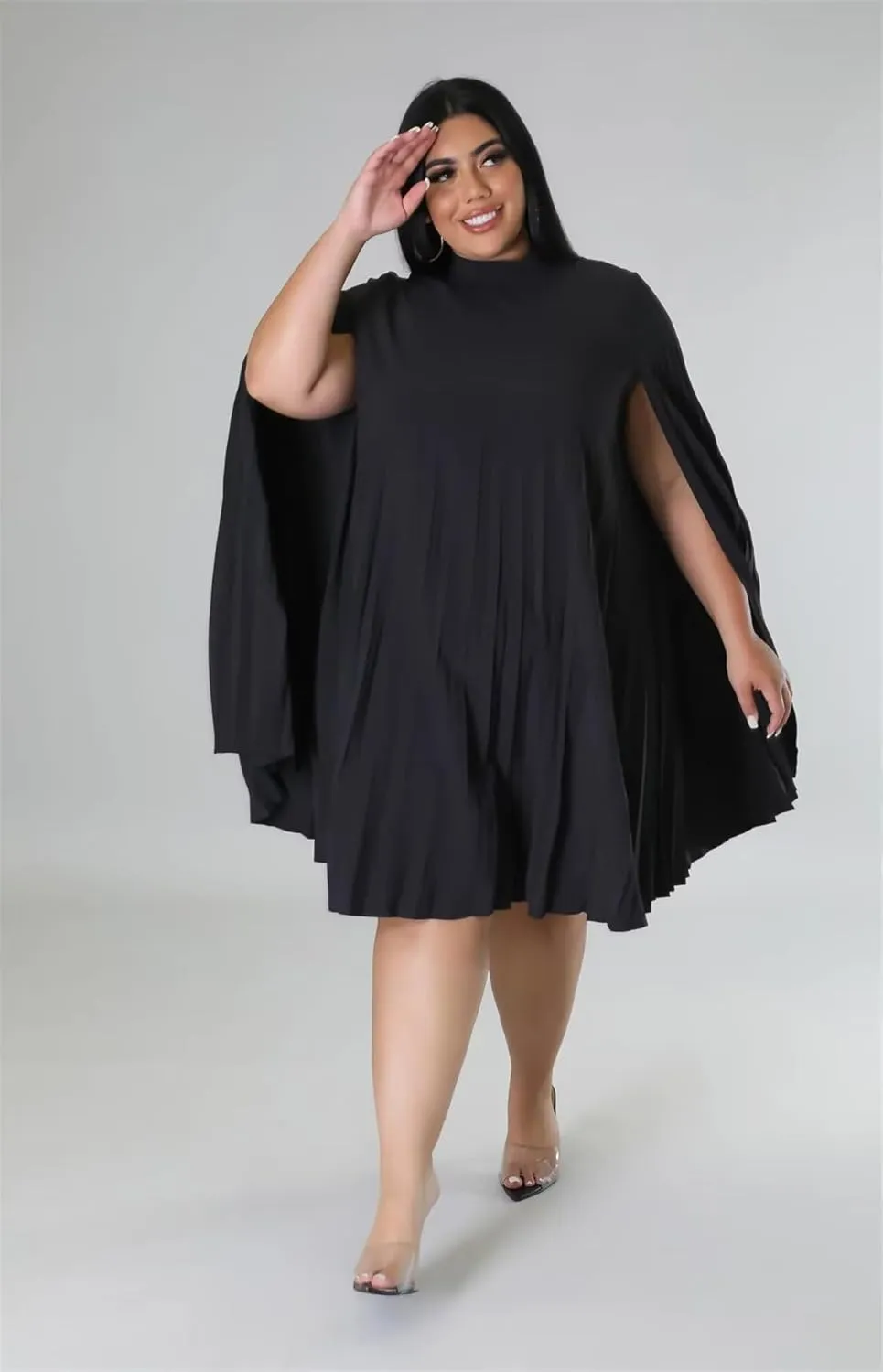 KEYUFANG Womens Plus Size Cape Sleeve Elegant Loose Pleated Short Dress for Cocktail Party
