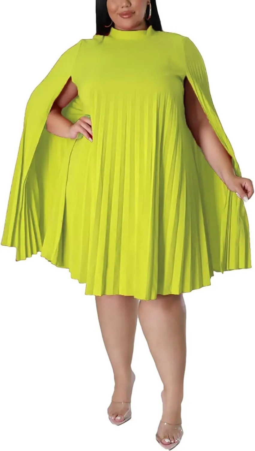 KEYUFANG Womens Plus Size Cape Sleeve Elegant Loose Pleated Short Dress for Cocktail Party