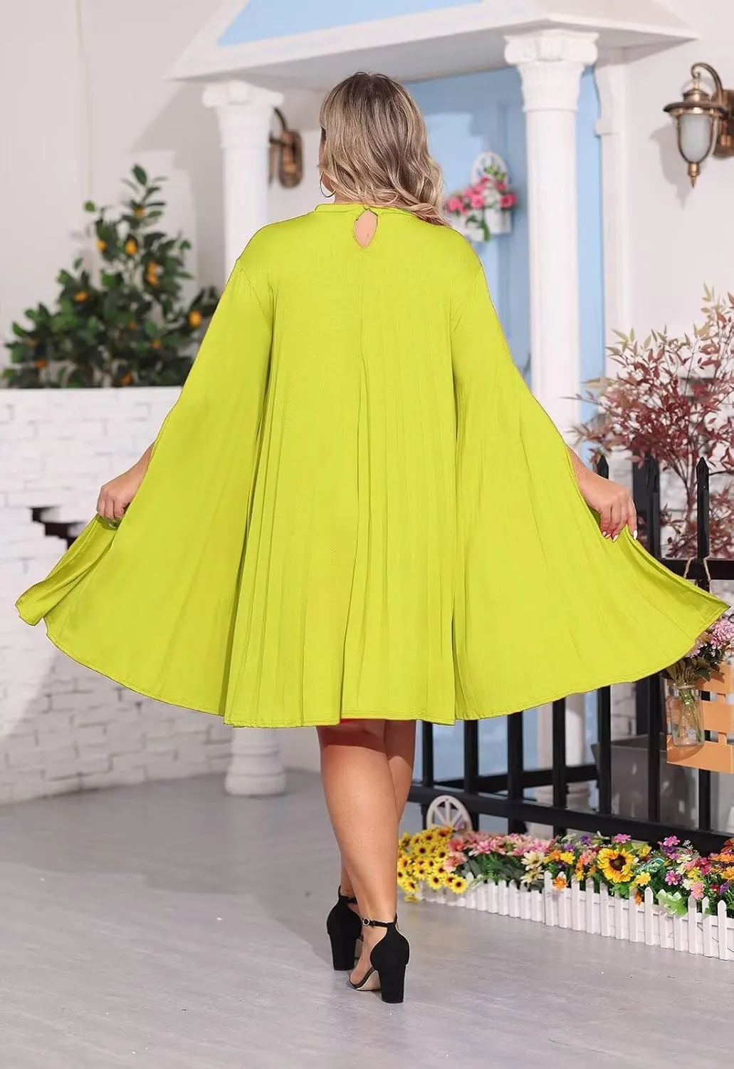 KEYUFANG Womens Plus Size Cape Sleeve Elegant Loose Pleated Short Dress for Cocktail Party