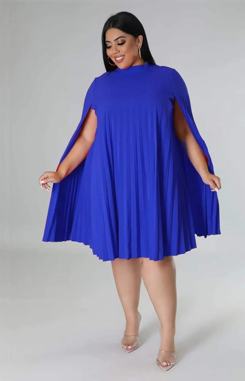 KEYUFANG Womens Plus Size Cape Sleeve Elegant Loose Pleated Short Dress for Cocktail Party