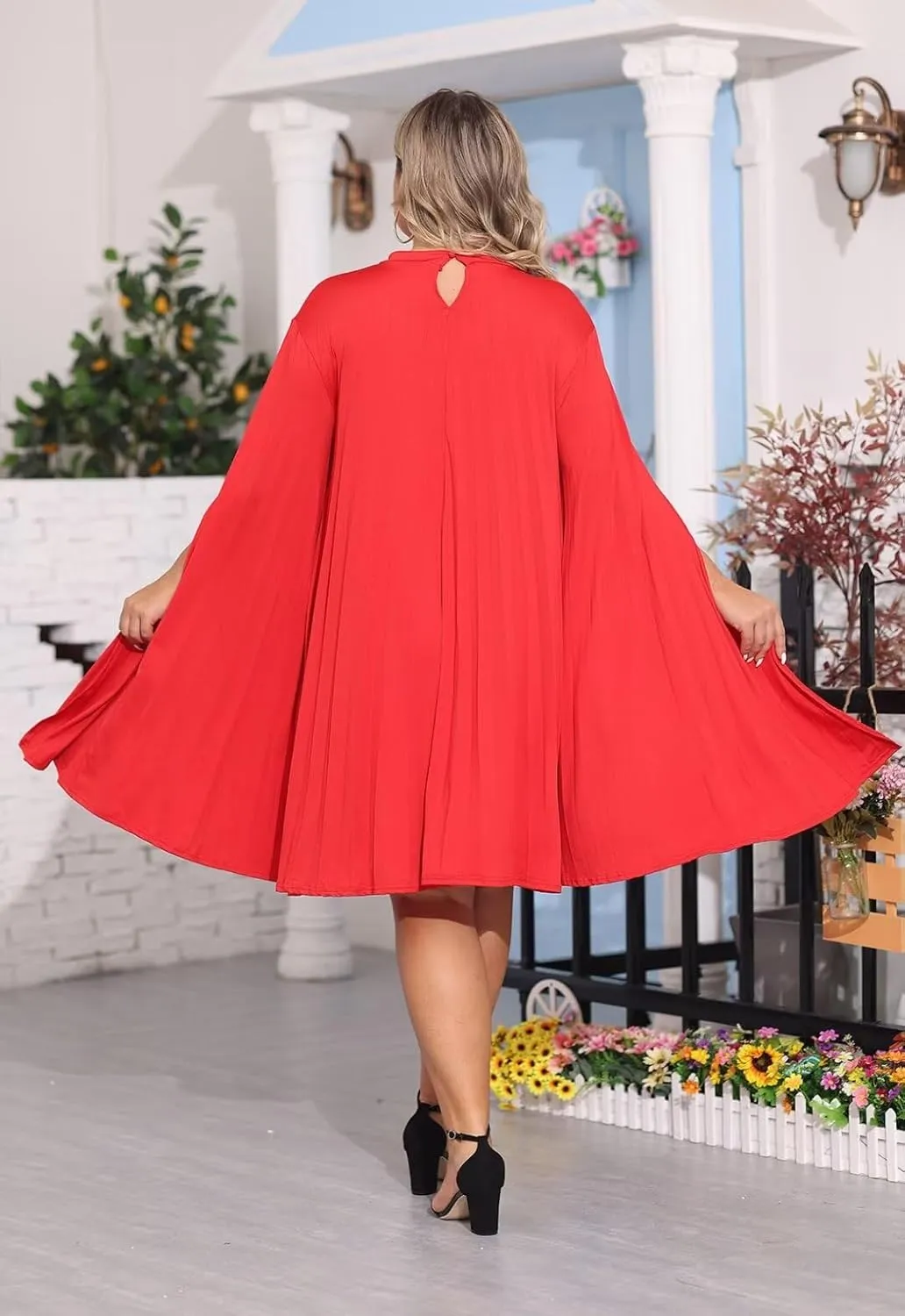 KEYUFANG Womens Plus Size Cape Sleeve Elegant Loose Pleated Short Dress for Cocktail Party