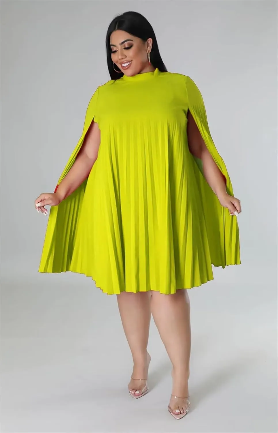 KEYUFANG Womens Plus Size Cape Sleeve Elegant Loose Pleated Short Dress for Cocktail Party