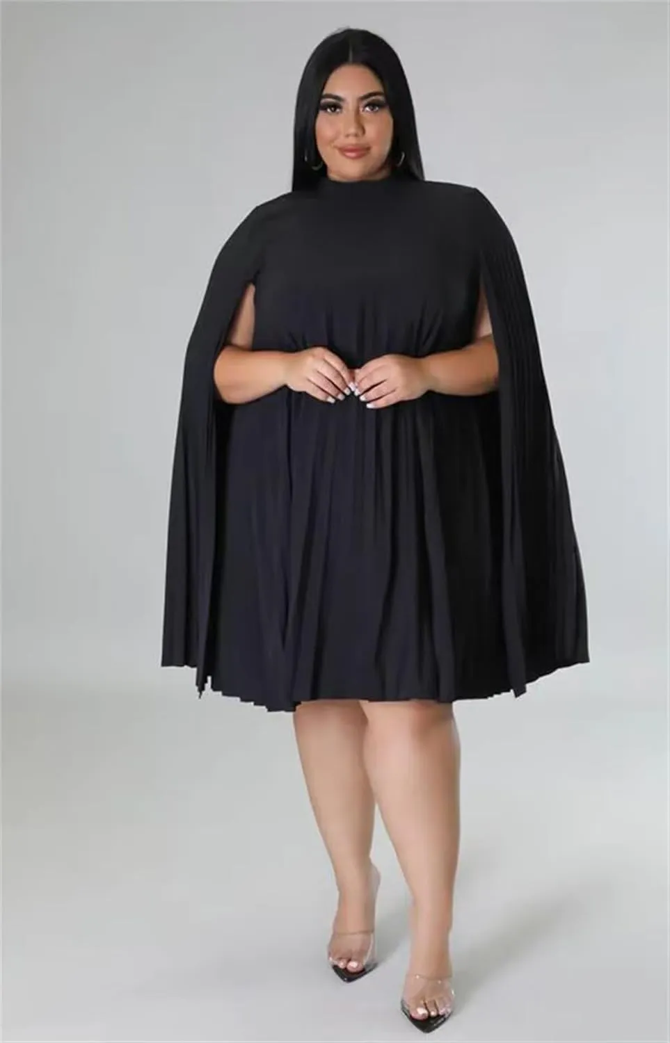 KEYUFANG Womens Plus Size Cape Sleeve Elegant Loose Pleated Short Dress for Cocktail Party
